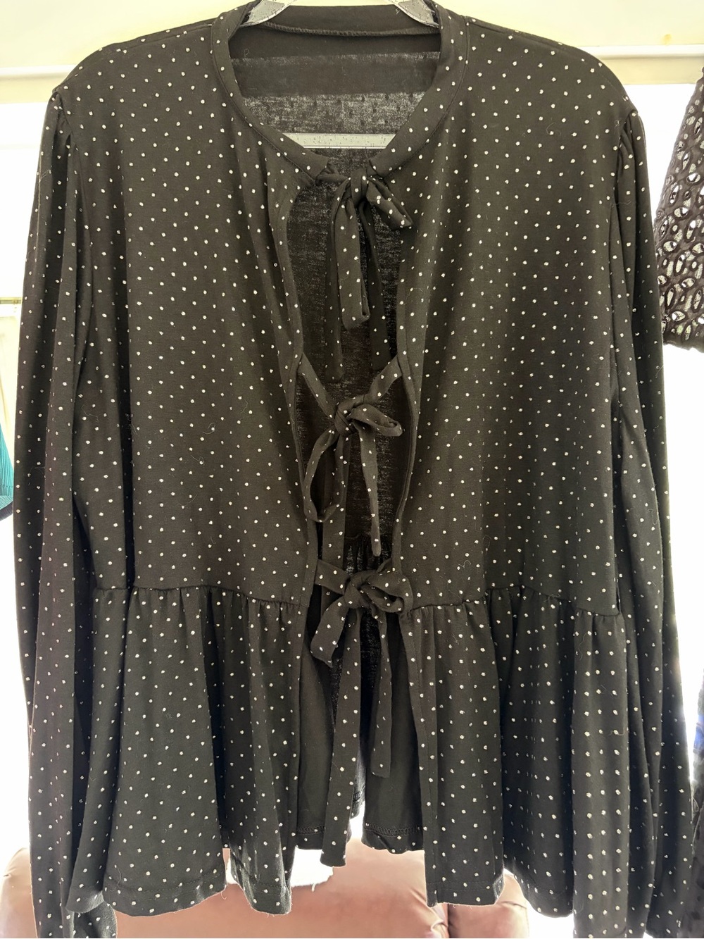 Black Silver Polka Dot Tie-Front Peplum Blouse